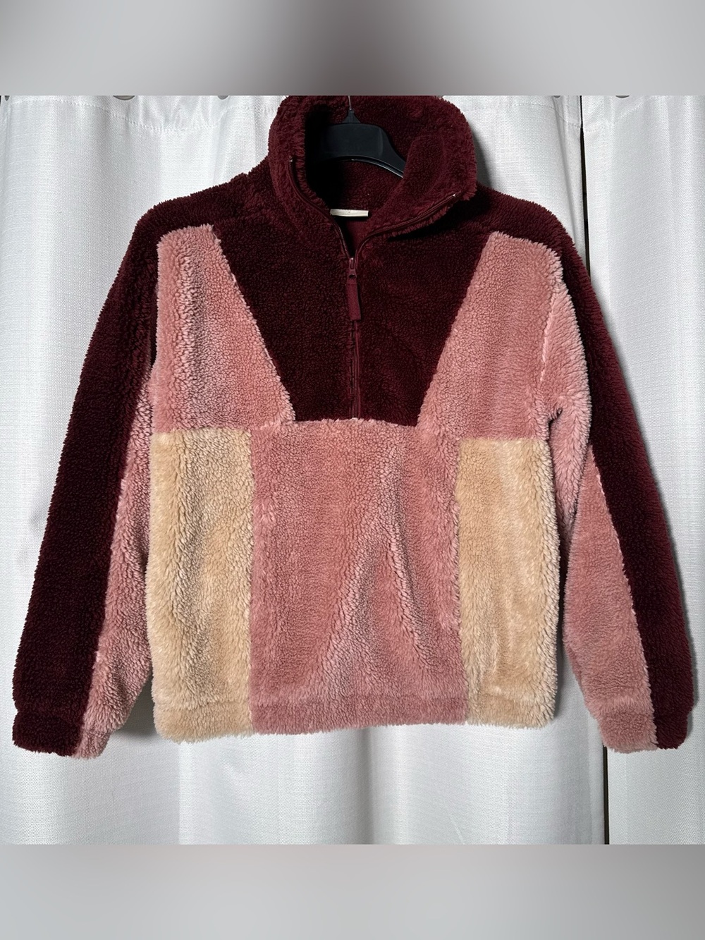 Easy Standard Jill Sherpa Color Block Pullover Quarter Zip in Berry